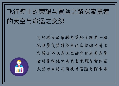飞行骑士的荣耀与冒险之路探索勇者的天空与命运之交织